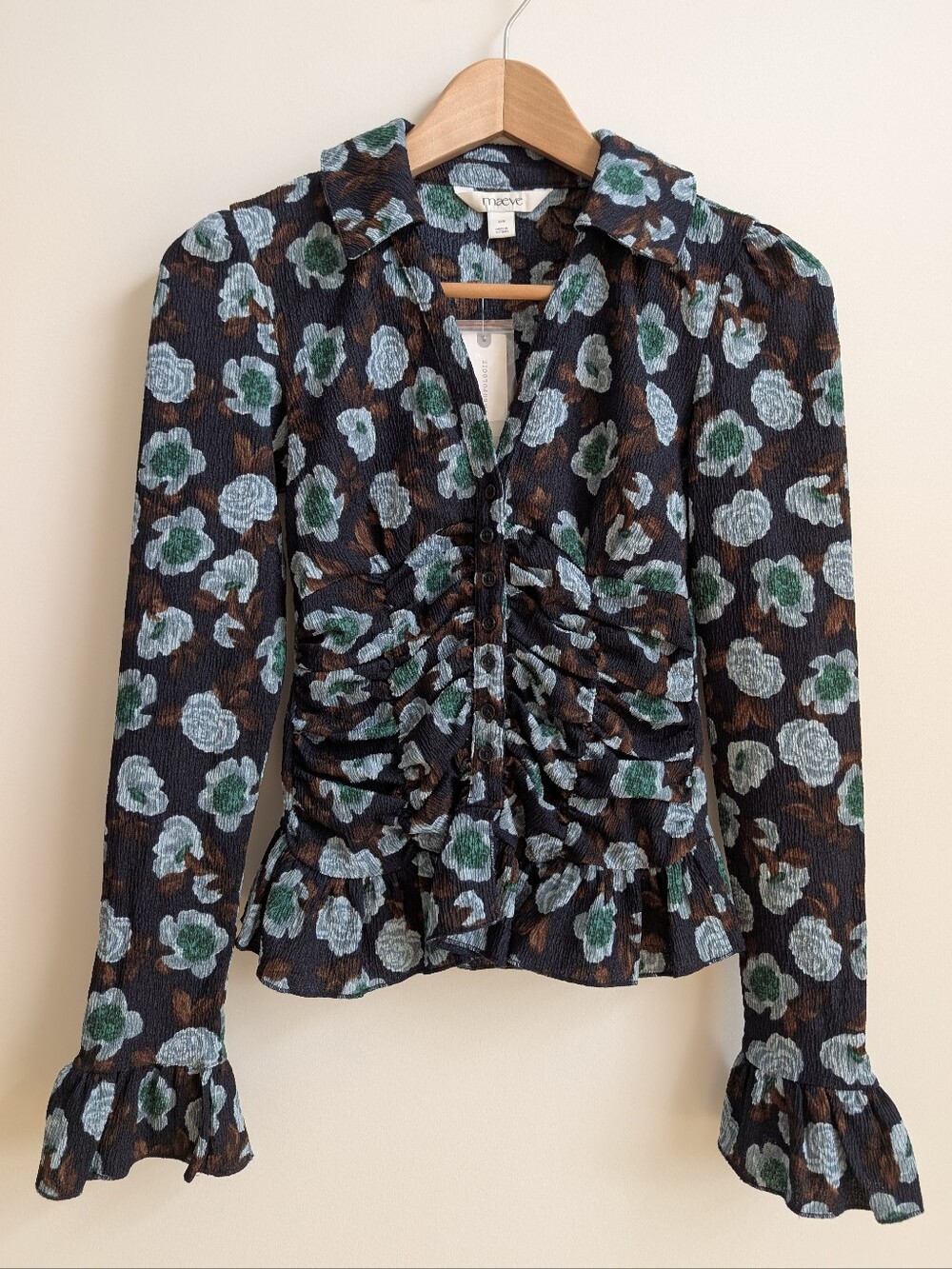 NWT Anthropologie Maeve XXS Ruched Waist Blue Flower Button Down Blouse Top